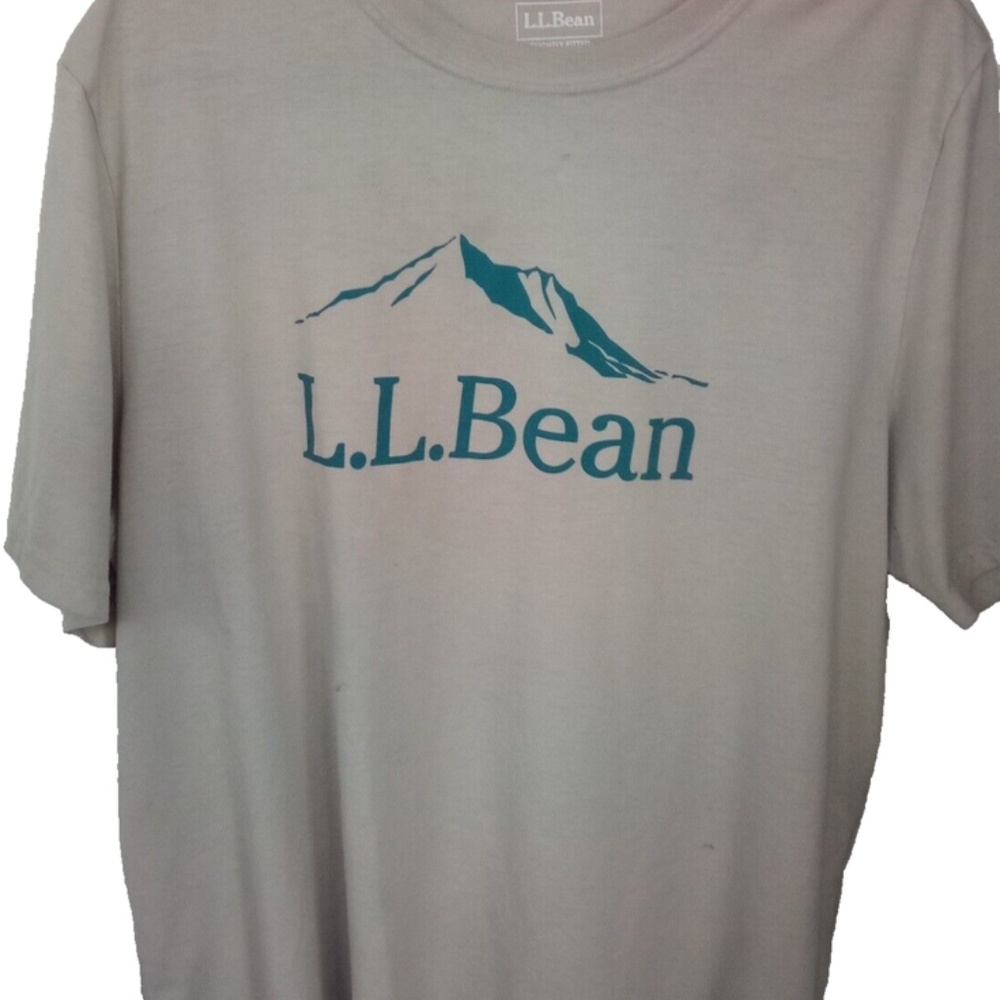 LL Bean Shirt Mens Large Beige/Green Short Sleeve Stretch Tee T-shirt Crewneck